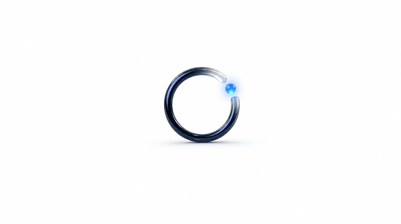 3D render of the Muntazir.tech orbit mark — an open navy ring completed by a glowing blue sphere