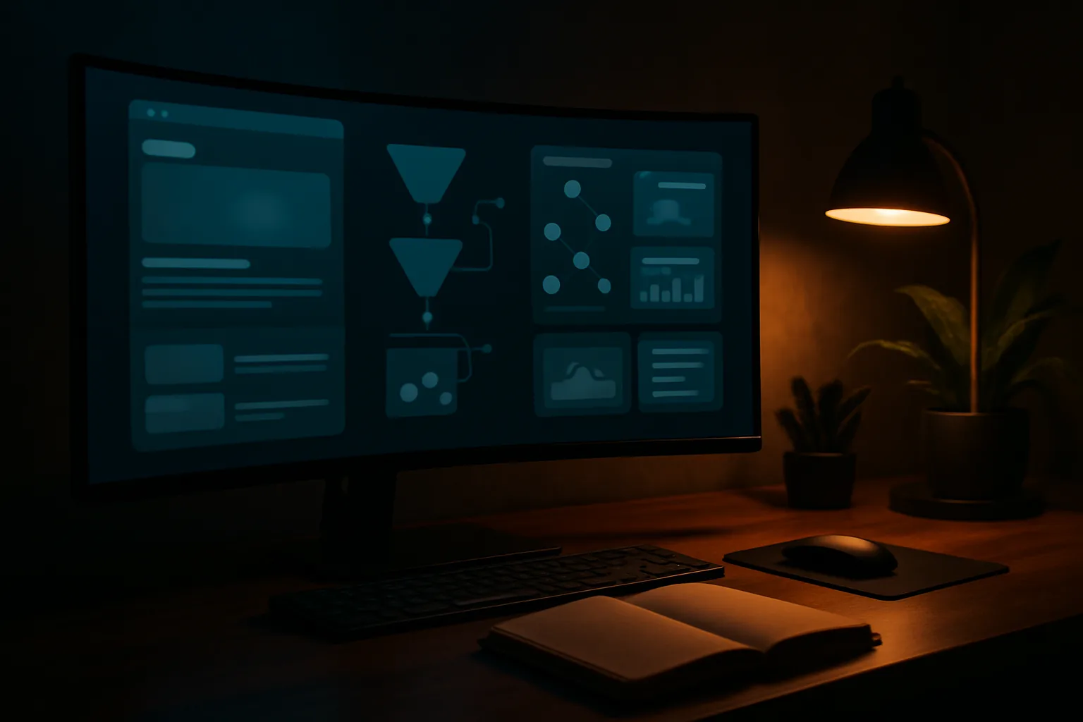 Premium studio desk showing website, automation and dashboard systems